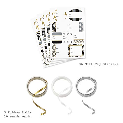 Hallmark Reversible Wrapping Paper Bundle With Ribbon & Gift Tag Stickers - Black, Gold Stripes, Plaid (3 Pack, 120 Sq. Ft. Ttl, 30 Yds. Mini Ribbon, 36 Labels) For Graduations, Weddings, Christmas #TOP3