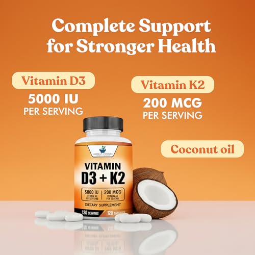 Image of American Standard Supplements Vitamin D3 5000 IU (125mcg) Plus Vitamin K2 (MK7) 200mcg Per Capsule - Gluten Free, Non-GMO, 120 Capsules, 120 Servings, 120 Day Supply (Pack of 2)