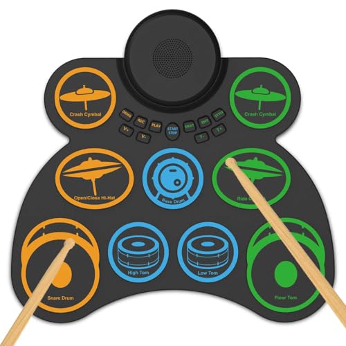 ANVAR Conjunto de Bateria Eletrônica Portátil com 9 Pads, Duplo Alto-Falante, 4 Horas de Bateria, MIDI e Conexão para Jogos - Presente Musical Perfeito para Iniciantes e Crianças