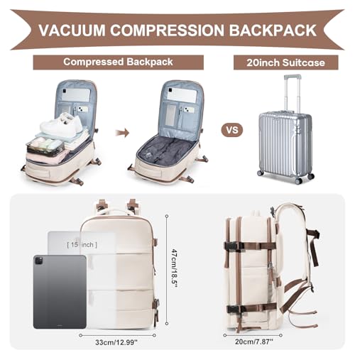 Image of coowoz Vacuum Backpack Travel with Pump,Travel Backpack with Vacuum System For Women Men,Carry On Backpack,Hiking Backpack Waterproof Outdoor Sports Rucksack Daypack,30L(Vacuum pump) Beige Brown