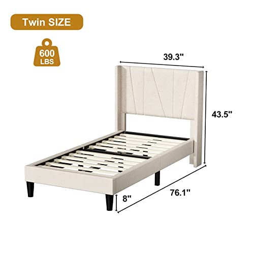 Hombck Twin Bed Frames With Geometric Headboard, Upholstered Fabric Bed Frame With Wingback, Wood Slats Support, No Box Spring Required, Modern Style, Beige #TOP1