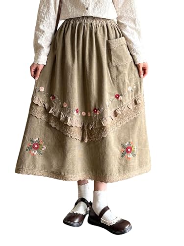 ebossy Womens Cottagecore Embroidenry Floral Corduroy Skirt Elastic High Waisted Flowy A-Line Long Skirt with Pocket