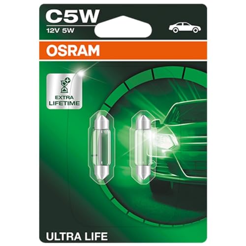 OSRAM ULTRA LIFE C5W, Lámpara halógena, iluminación interior, 6418ULT-02B, automóvil de 12 V, ampolla doble (2 unidades)