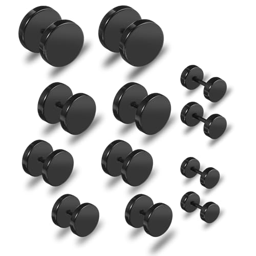Giantree 6 Pairs of Black Stud Earrings for Men and Women, Faux Gauges Earrings, Hypoallergenic Earrings, 4-10mm Ear Tunnel Stainless Steel Dot Earrings for men and Women (Black)