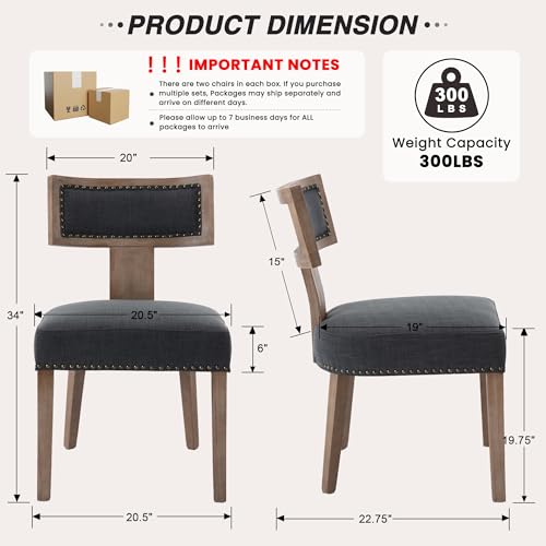 Image of HNY Mid Century Modern Dining Chairs Set of 6, Farmhouse Linen Fabric Upholstered Accent Chairs Curved Nailhead Trim Backrest Kitchen Chairs, with Hardwood Frame, Charcoal