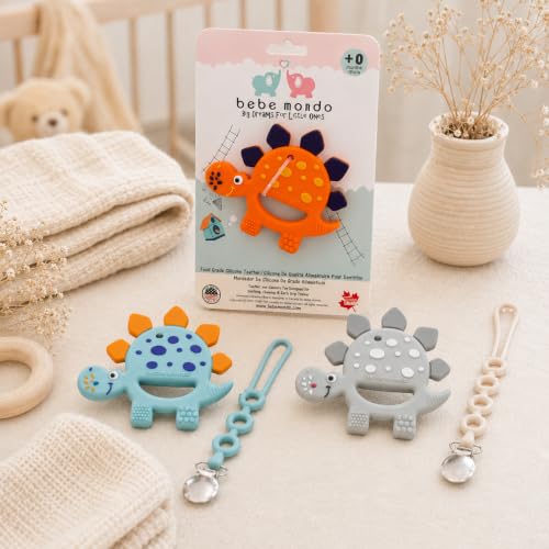 Image of Bebe Mondo Dinosaur Baby Teething Toys 3-6 6-12 Months, Teethers for Babies 0-3-6-12 Months for Teething Relief, Baby Gift, Baby Teether Toys, Silicone Sensory Toys, Soft-Textured Infant Toys