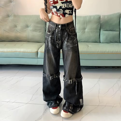 Y2K Grunge Vintage Gothic Casual Style High Waist Straight Wide Leg Jeans Straps Tie-Dye Trim Denim Pants3