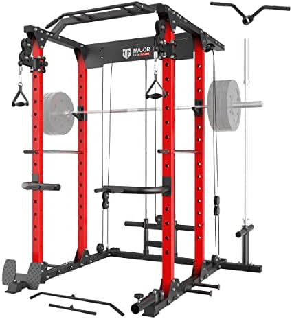 MAJOR LUTIE Power Cage, PLM03 1400lbs Multi-Function Power Rack with Adjustable Cable Crossover System and Exercise Machine Attachment(Red)
