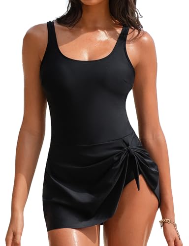 Buauty Swimdress One Piece Swimsuit Tummy Control Swim Dresses Skirt Bathing Suits Black