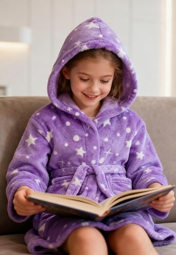 Image of Girls Fleece Hooded Robes, Warm Printed Bath Robe for Kids Soft Fuzzy Bathrobe for Gifts