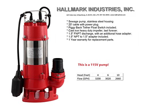 Hallmark Industries Ma0387X-6 Sewage Pump, Stainless Steel, 1/2Hp, 115V, With Float Switch, 3200 Gph/26' Lift, 20' Cable, Heavy Duty, Maximum Flow Rate, Stainless Steel #TOP3