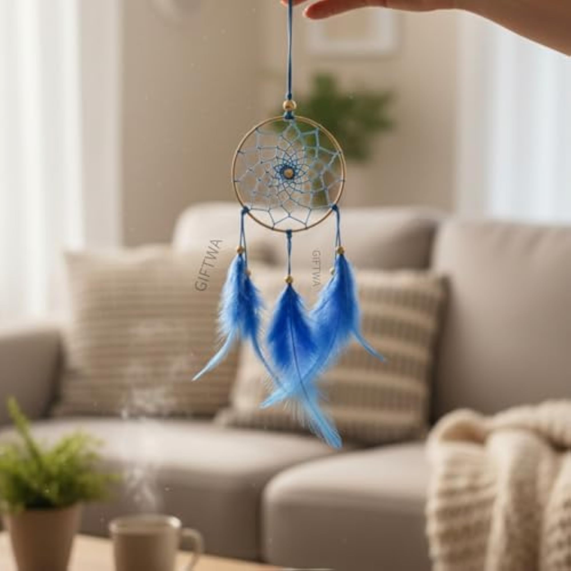 Dream Catcher with Natural Blue Feathers, Protective Wall Hanging