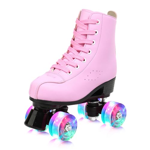 MEIGLQEA Cozy PU Leather High-top Double-row Roller Skates with Flash Wheels, Indoor & Outdoor Use, Perfect for Beginner Girls and Women (Pink, 33-Youth 2)