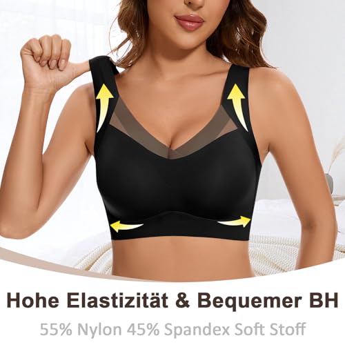 Jiuday Nahtloser BH ohne Bügel Große Brüste Starker Halt Spitze Sport BH Bustier Damen Gepolstert Soft Comfit Bügelloser Push Up BHS Haltungskorrektur Bra Seamless Bralette (Schwarz,XL)
