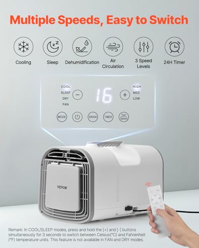 VEVOR Tragbare Klimaanlage, 4250 BTU, 3-Gang-Klimagerät mit 24-Stunden-Timer, Kühler, einstellbar von 16–32 °C, kompatibel mit AC/DC, für Camping, Wohnmobile oder den Heimgebrauch, 510x270x315 mm