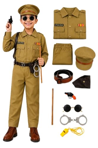 Image of BookMyCostume 10-Pcs Most Comprehensive Set of Kids Police Commissioner Dress - Police Uniform with Gun, Holder, Belt, Toy Handcuffs, Stick, and Black Goggles - Fancy Dress Competition | 4-5 Years