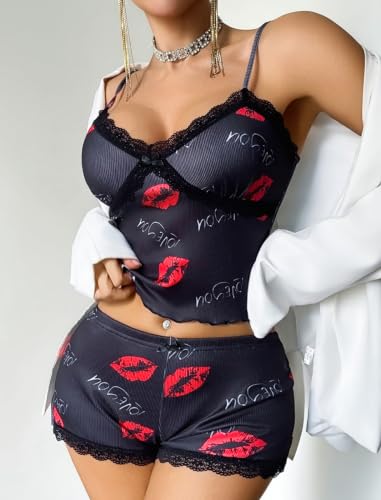 Image of Avidlove Women's Soft Ribbed Knit Cami Pajama Set Sexy V Neck Lace Trim Sleepwear Side Slit Shorts Lingerie Nightwear