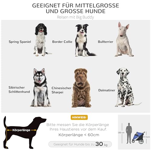 PawHut Hundewagen Hundebuggy mit Netzfenstern, Klappbarer Katzenwagen mit Sicherheitsleine, große Gummiräder für Mittelgroße, Große Hunde bis 30 kg, Oxford, Blau