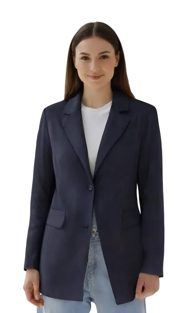 Women Cotton Blend Solid Single Breasted Blazer with Notched Lapel | Full Sleeves, Button Closure, Regular Fit Formal Blazer for Womens & Girls | Lightweight & Breathable Fabric (Blue)_56-image-29