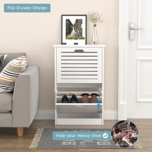 Tenntou 2 Flip Drawers Shoe Storage Cabinet, Free Standing Shoe Rack, White Wood Slim Shoe Organizer Cabinet For Entryway, Hallway, Bedroom #TOP2