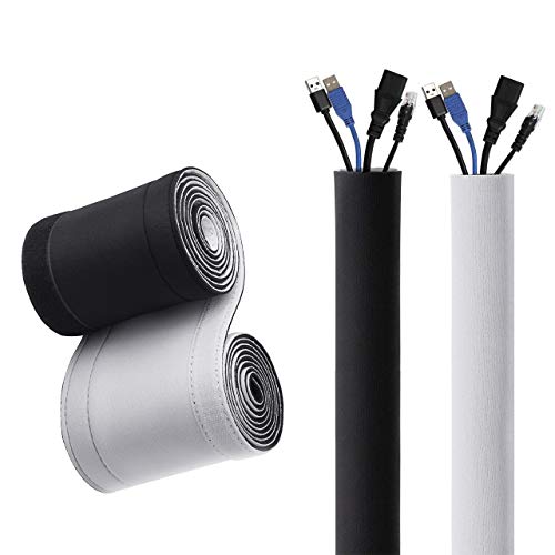 Kootek 236'' (2 X 118'') Cable Management Sleeves, Neoprene Cable Organizer Wrap Flexible Cord Cover Wire Hider Reversible Black & White, Cuttable by Yourself for TV Computer Office Theater