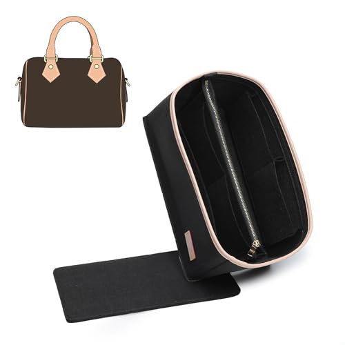 OAikor Purse Organizer Insert Compatible with LV Speedy 25 Bag Insert,Premium Felt Lightweight 25 Bag Organizer with Base Shaper, Tote Handbag Inner Divider Purse Accessories with Zipper Pocket,Black