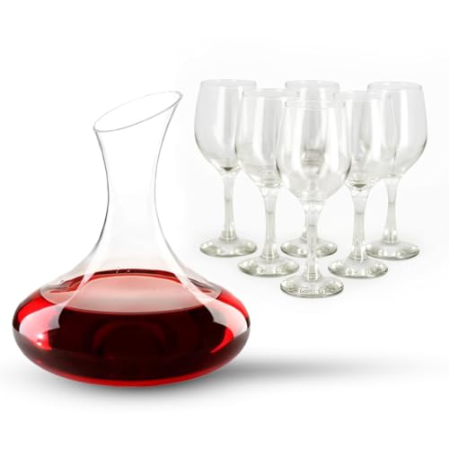Ma Maison Set Decanter 1,6 lt per il Vino + 6 Calici in Vetro 300cc -Caraffa di Vetro Resistente - per Vino Rosso Vino Bianco Forma Particolare Idea Regalo