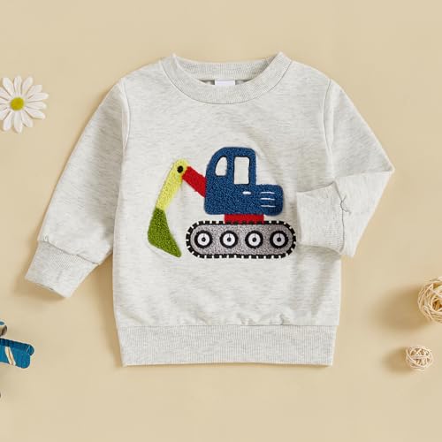 Toddler Boys Sweatshirts Crewneck Excavator/Truck Embroidery Long Sleeve Pullover Tops Cartoon Tees 3M-3Y3
