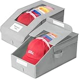Stowsia Hat Organizer for Baseball Caps, 2 Pack Stackable Hat Storage Boxes with Clear Window, Holds up to 28 Caps, Foldable Hat Organizer for Closet & Shelf, Grey
