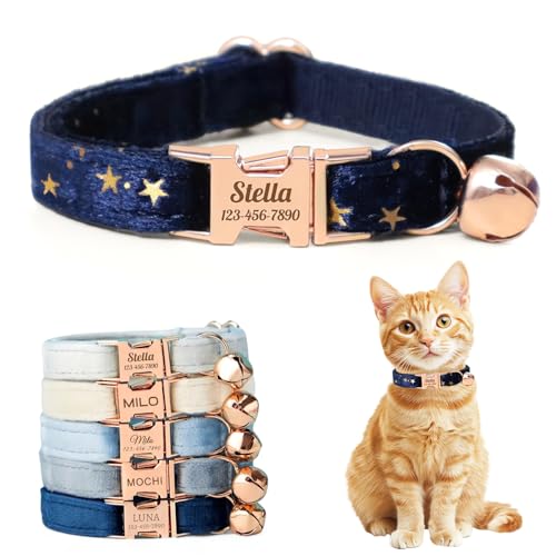 ECHO POUNCE Personalized Non-Breakaway Cat Collar with Name Luxury Soft Velvet Custom Engraved Name Collar with Bell for Kittens & Cats (Blue with Stars S (6.5-10.5 inches))