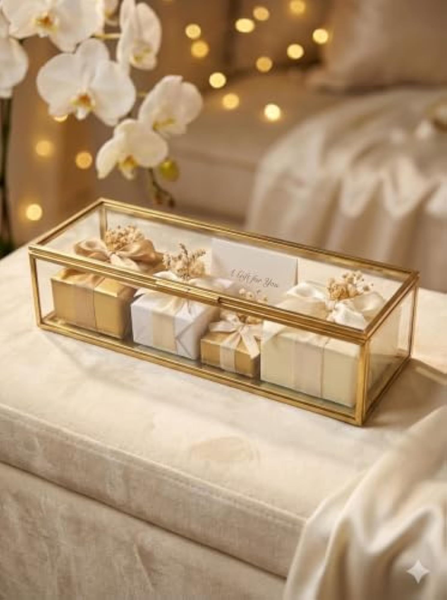 Glass Jewelry Box Invitation Box in Shiny Gold and Clear Glass