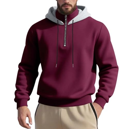 Men's Fleece Lined Hooded Sweatshirt Casual Loose Fit Half Zip Long Sleeve Drawstring Pullover Tops