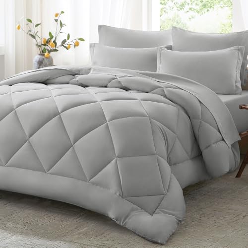 Anluoer Full Comforter Set,Light Grey Bed in a Bag 7 Piece,Lightweight Bedding Set with Soft Down Alternative Fill,Bed Set Includes Comforter, Fitted Sheet, Flat Sheet,Pillowcases and Shams
