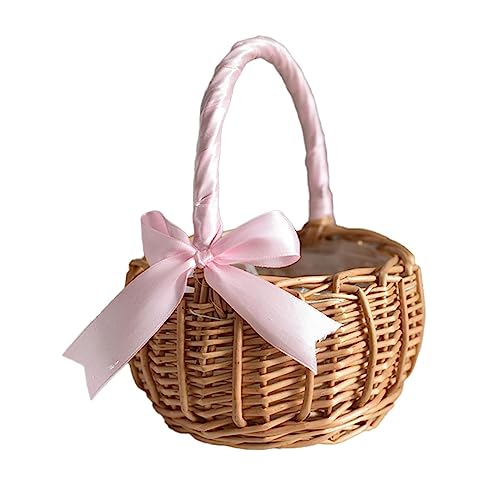 JITASHWA Flower Girl Basket for Weddings, Wicker With Handle and Ribbon, Woven Storage, Flower Cookie Candy for Xmas Easter Wedding Party Home Garden Decor, Pink, Small