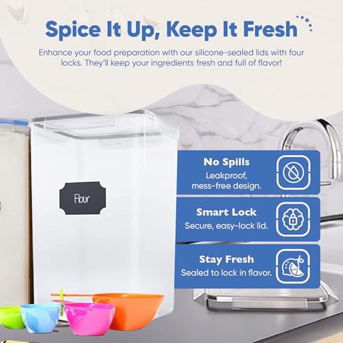Chef's Path Extra Large Tall Airtight Food Storage Containers, Set of 4, Airtight Food Storage for Flour, Sugar, Rice, Includes Measuring Scoops, Pen, and Labels, 7qt, 220Oz, 6.5L, Transparent