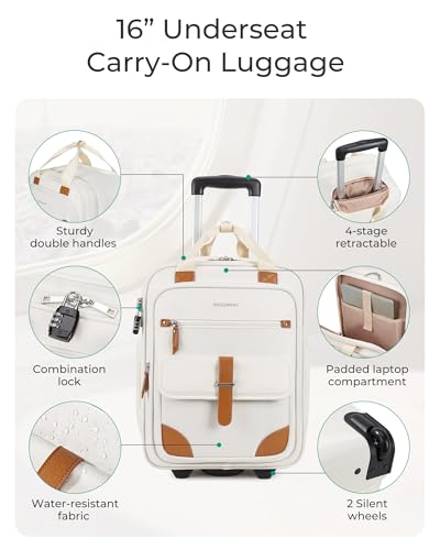 BAGSMART 16-Inch Lightweight Underseat Rolling Luggage for Women – Airline Approved, Softside Carry-On in Light Beige