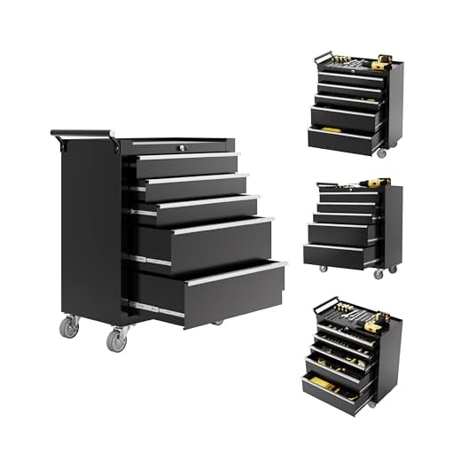 IDEALHOUSE Rolling Tool Chest, 5 Drawers Tool Storage Cabinet, Toolbox with Wheels, Portable Tool Cabinet Organizer with Locking System & Drawer Liners, Tool Storage Cart for Garage, Workshop, Black