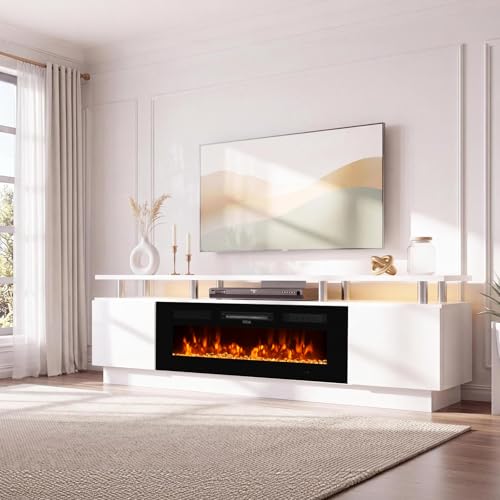 OneBlis 90" TV Stand for Living Room, Large Entertainment Center & Media Console, Fits TVs up to 100", Storage Cabinet with Shelves, 50" Electric Fireplace, White & Black