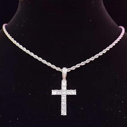 HUYHOAT Men Women Hip Hop Cross Pendant Necklace with 4mm Zircon Tennis Chain Iced out Bling Necklaces HipHop Jewelry Fashion Gift TT5ZW (silver Rope chain-16inch)