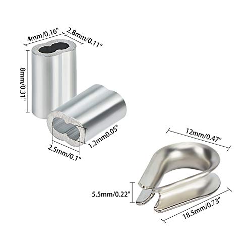 AHANDMAKER 304 Stainless Steel Wire Cable, 328 Ft Length 1/16 Wire Rope with 50 Pcs Rectangle Aluminum Crimping Sleeves for Party Decro String, Clothesline