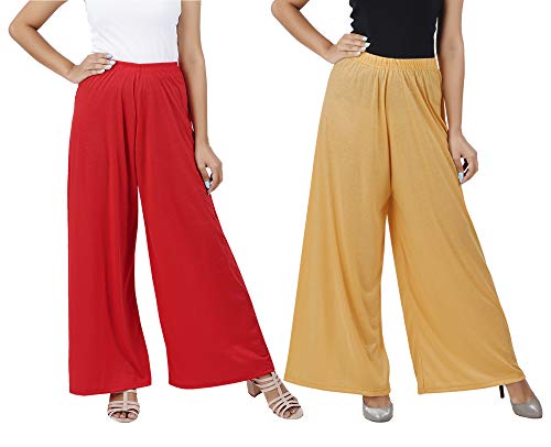 Image of Buy That Trendz M to 4XL Cotton Viscose Loose Fit Flared Wide Leg Palazzo Pants for Women Red Dark Skin Combo Pack of 2