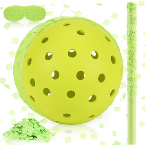 Lewtemi 3-in-1 Dinkball Piñata Set Includes Blindfold, Stick, and Confetti Yellow Perforated Ball Design for Court Theme Sports Birthday Party, Paddle Fans Celebrations Active Party Favors