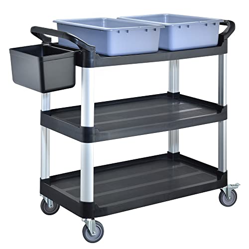 BPT Carrito de cocina con 3 estantes, capacidad de carga 250 kg, carro de limpieza en el restaurante, hotel Schul cocina carro de limpieza (carrito de servicio con cuenca y cubo)