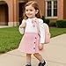 Toddler Girl Plaid Outfits Fall Winter Dress Knit Ribbed Bow Sweatshirt Tops and Button Fashion Skirts Set（White+Pink,6Y