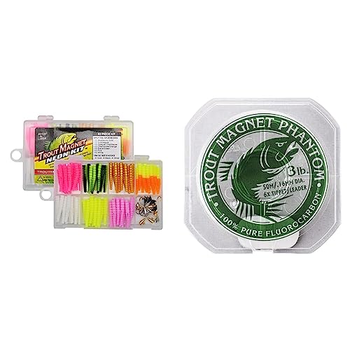 Trout Magnet 82 Piece Neon Fishing Kit, Catches All Types of Fish, Includes 70 Grub Bodies and 12 Size 8 Hooks & Phantom 100% Fluorocarbon Fishing Leader Line, 50M, 3lb, 6X Tippet,Silver