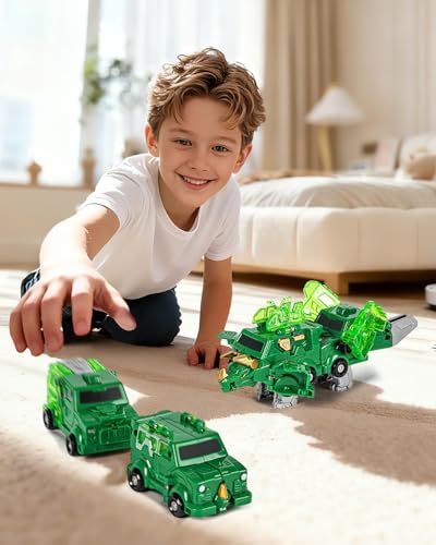 Image of Yivsen Collision Transforming Dinosaur Car Toy, 2 Crash & Transform Magnetic Cars Transform into Dinosaur Toys, Dino Robot Toy for Kids, Ideal Birthday Party Gift Toys for Kids Boys Girls, Green