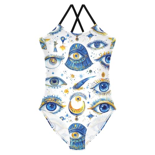 Pigsaly Girls One Piece Swimsuits Watercolor Egyptian Evil Eye Kids Cross Back Swimwear Toddler Beach Sport Bathing Suit 3T