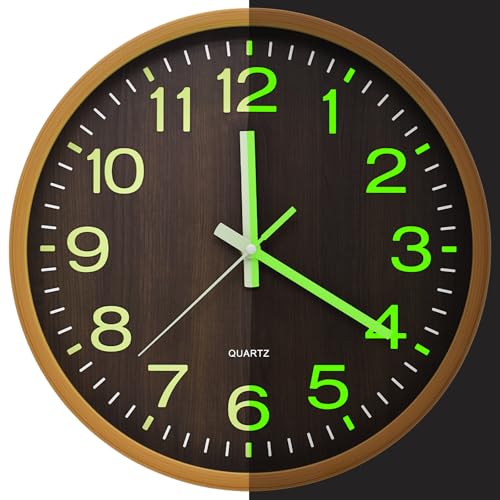 Oxmidud Glow in The Dark Silent Wall Clock12 Inch Wood Grain Battery Operated Non-Ticking Easy to Read Analog Clocks for Living Room Kitchen Office Bedroom