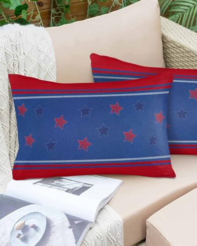 Lumbar Pillow Covers 12 x 20 in, 4th of July Waterproof Throw Pillow Cover Set of 2, Independence Day Blue Red Star Vintage Wooden Home Decorative Rectangle Cushion Covers for Patio/Couch/Garden