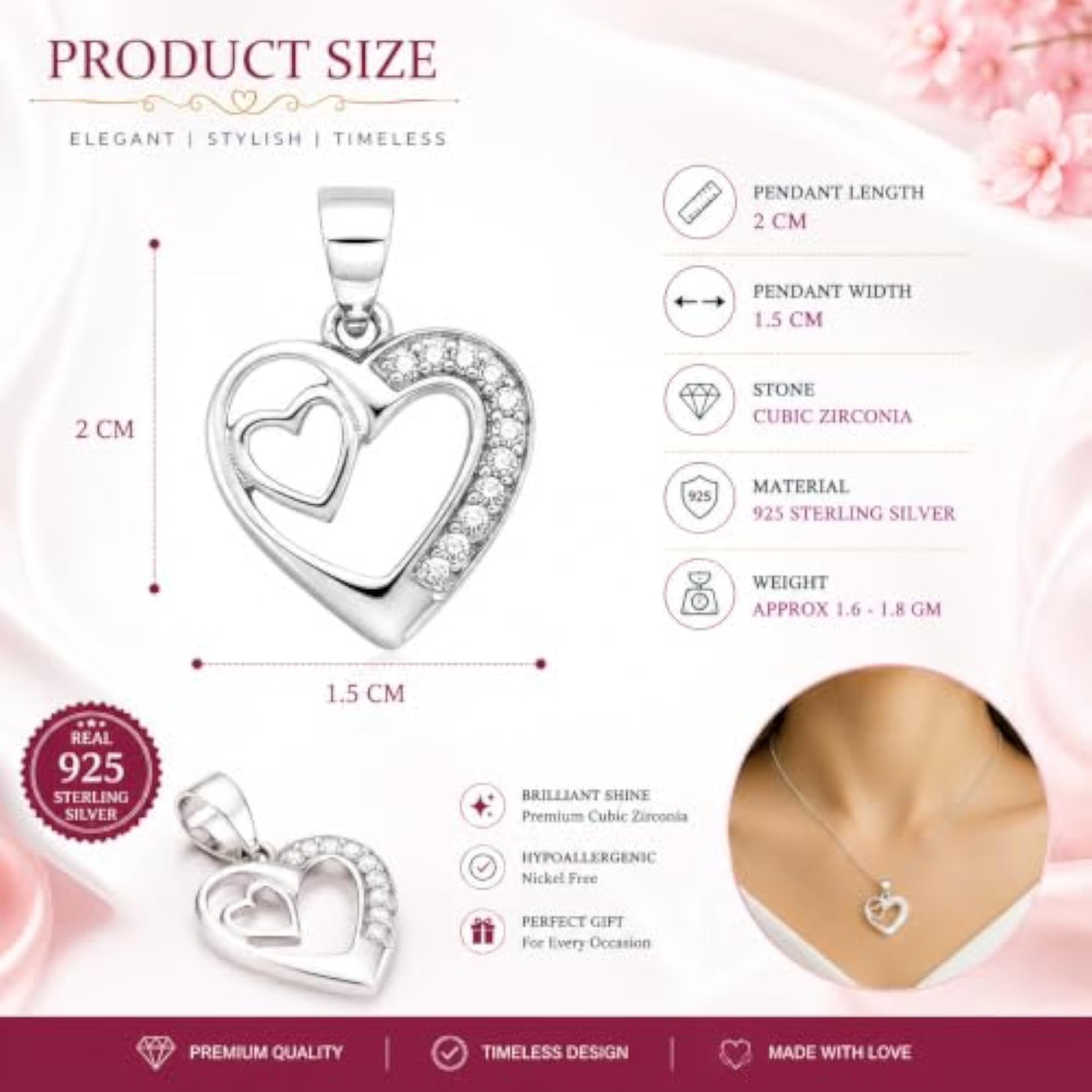 925 Sterling Silver Double Heart Pendant for Women & Girls